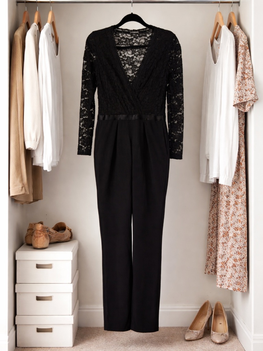 Express Black Lace Jumpsuit Size 4 | Long Sleeve Sheer Lace Top Dressy Romper